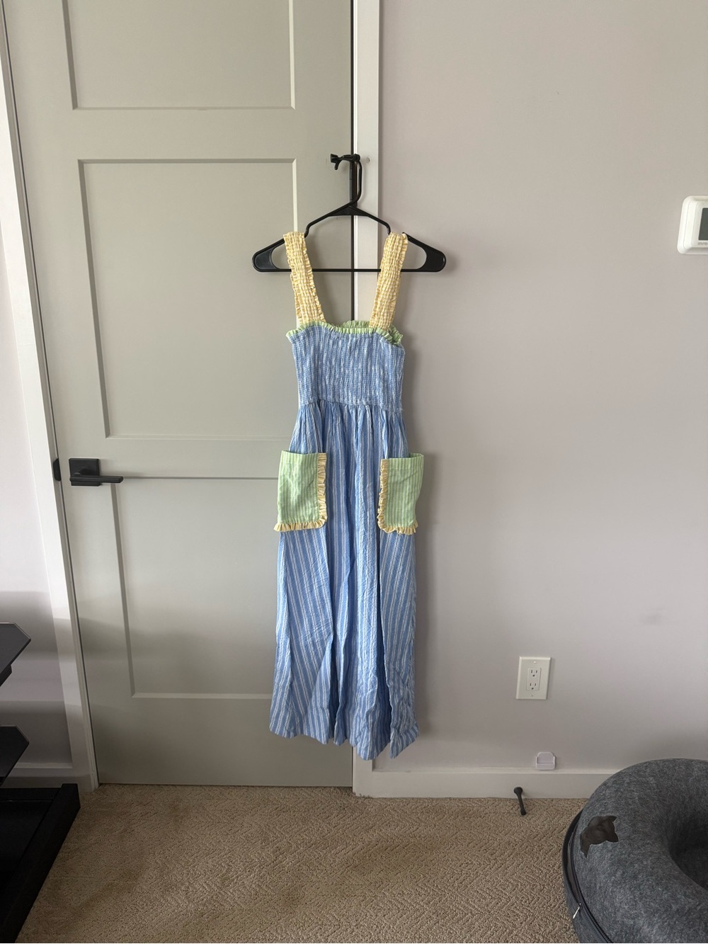 MARBLE Blue Striped Maxi Dress with Yellow Straps and Green Pockets